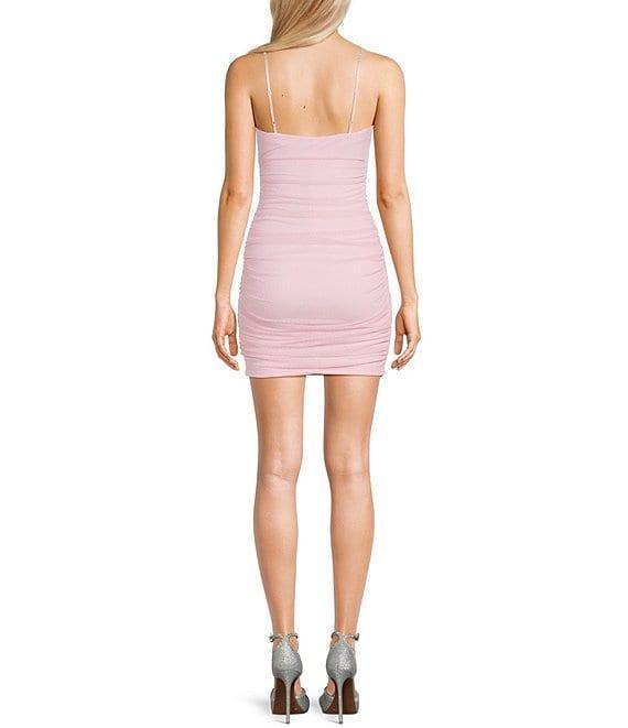 Honey and Rosie Metallic Mesh Drape Neck Shirred Dress Product Image