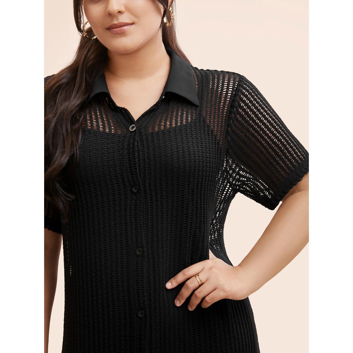 Plus Size Shirt Collar Button Up Midi Dress Black Women Casual Texture Shirt collar Short sleeve Curvy BloomChic 18-20/2X Product Image