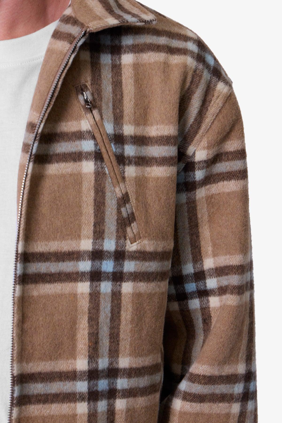 Plaid Flannel Front Zip Jacket - Brown/Cream Product Image