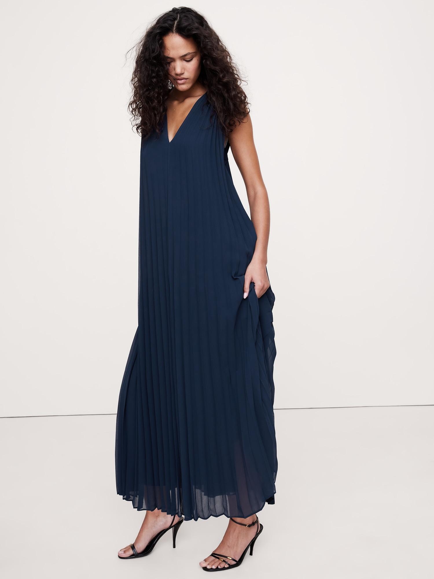 Pleated Georgette Open-Back Long Midi Dress Product Image