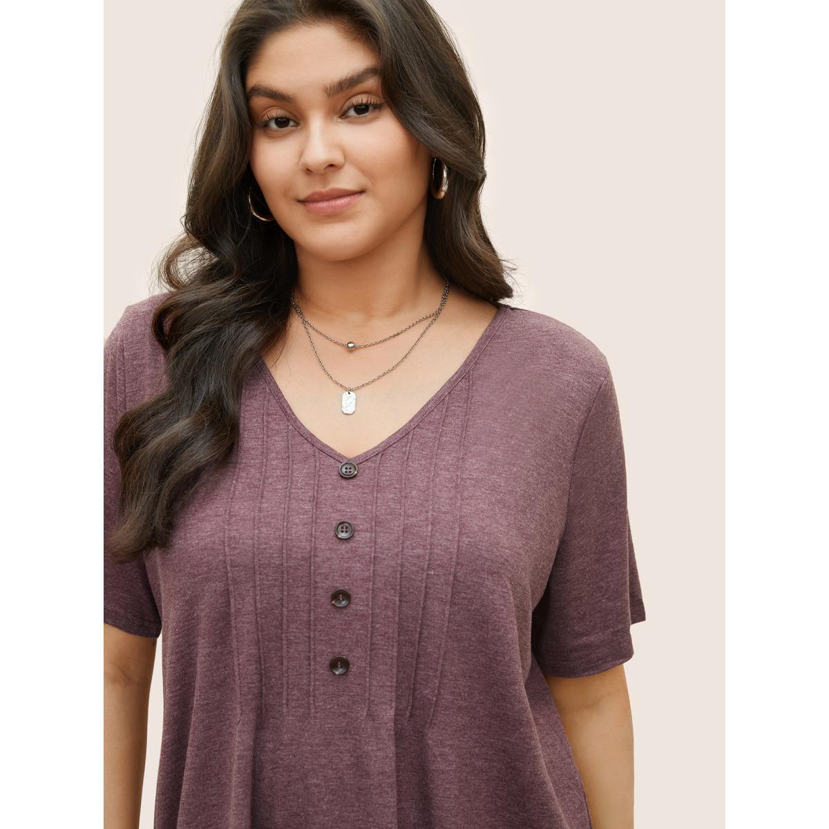 Plus Size Solid Pleated Front Button Detail V Neck T-shirt Mauve Women Casual Button Plain Everyday T-shirts BloomChic 10/M Product Image