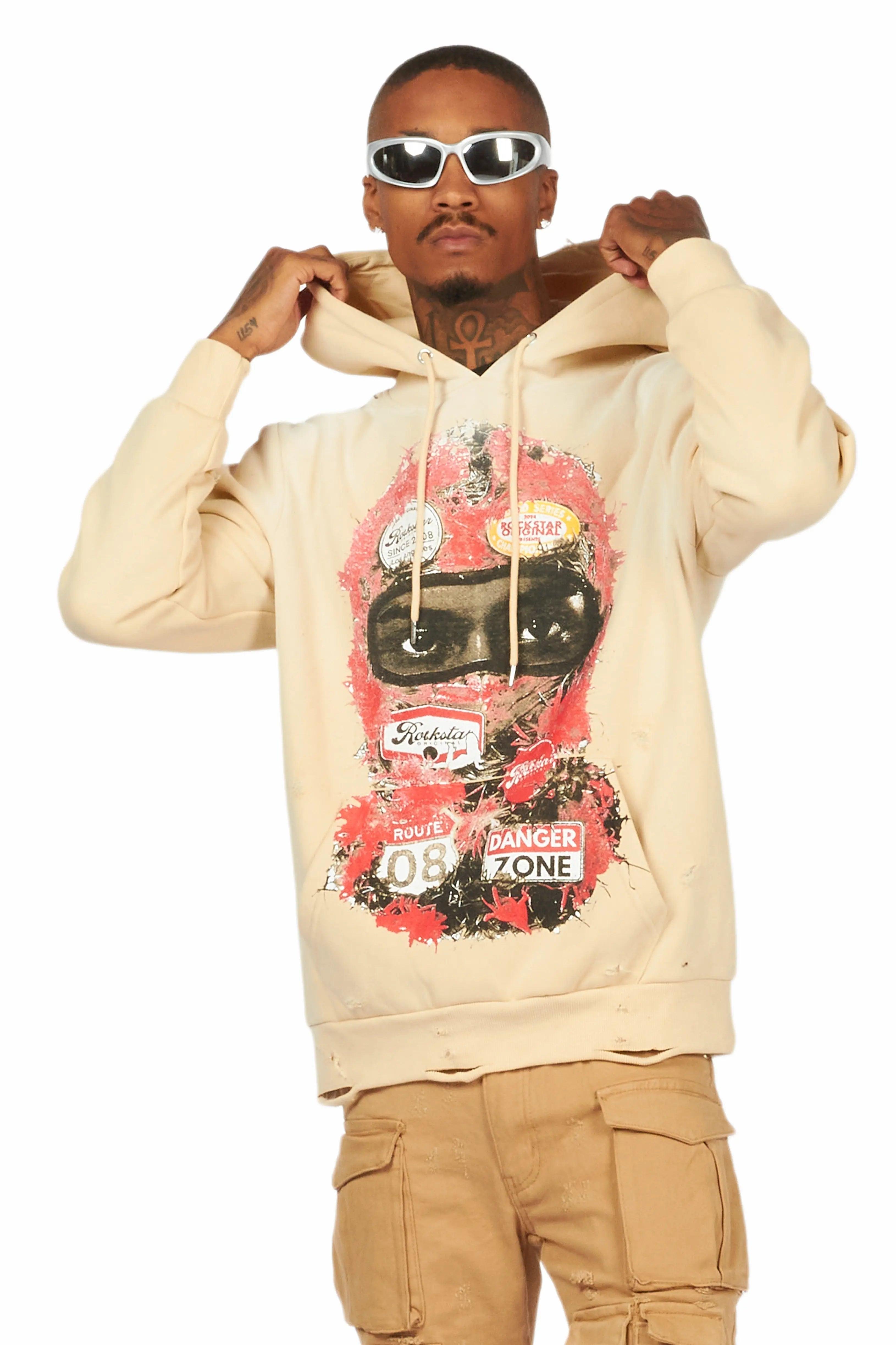 Lemar Beige Distressed Graphic Hoodie Male Product Image