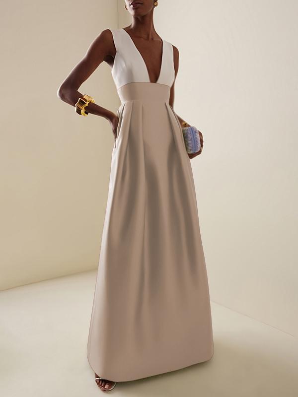 A-Line High Waisted Contrast Color Pleated Zipper Deep V-Neck Maxi Dresses Product Image