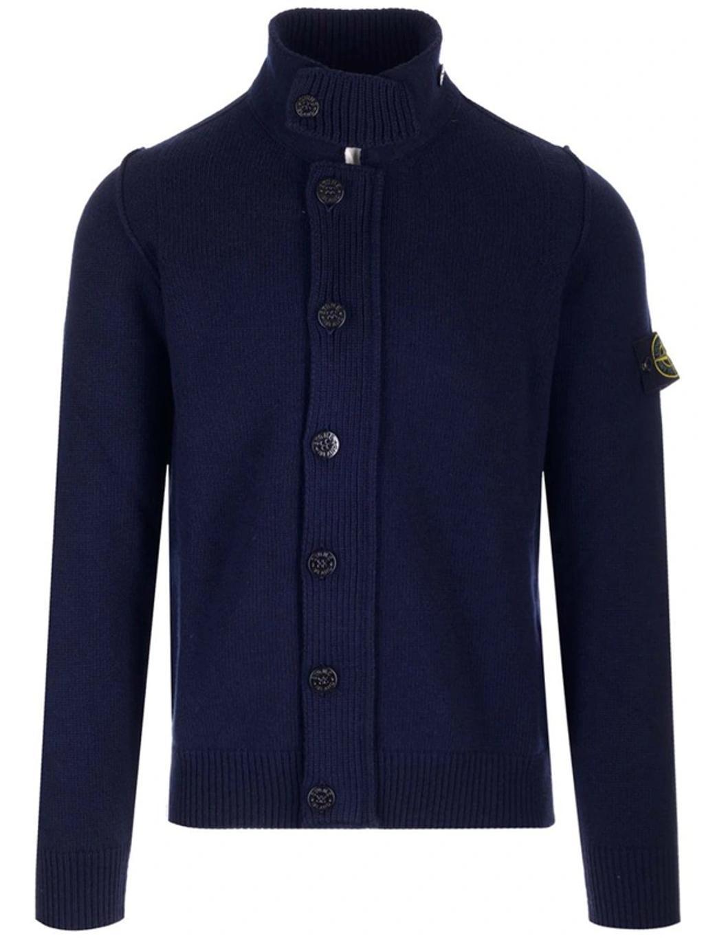 STONE ISLAND High Neck Logo Patch Ribbed Cardigan In Blue Product Image