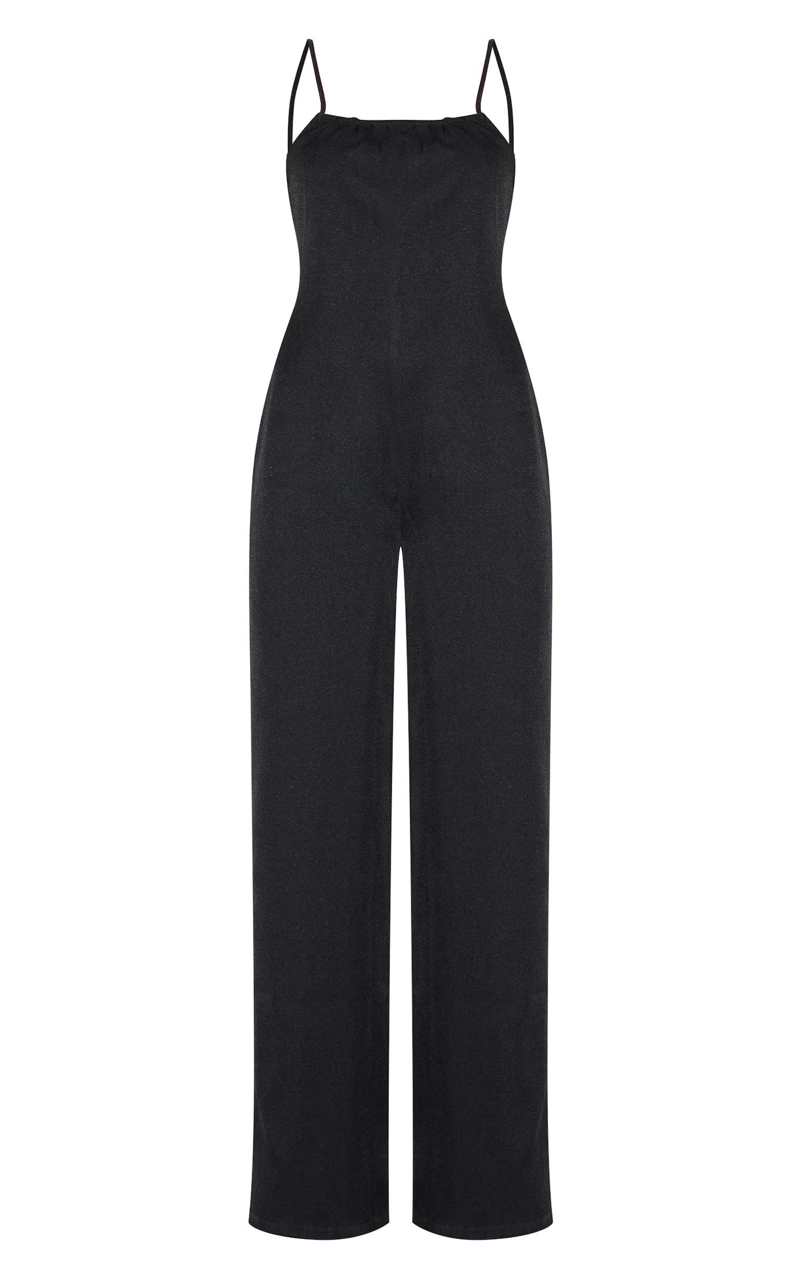 Black Woven Backless Square Neck Wide Leg Jumpsuit Product Image
