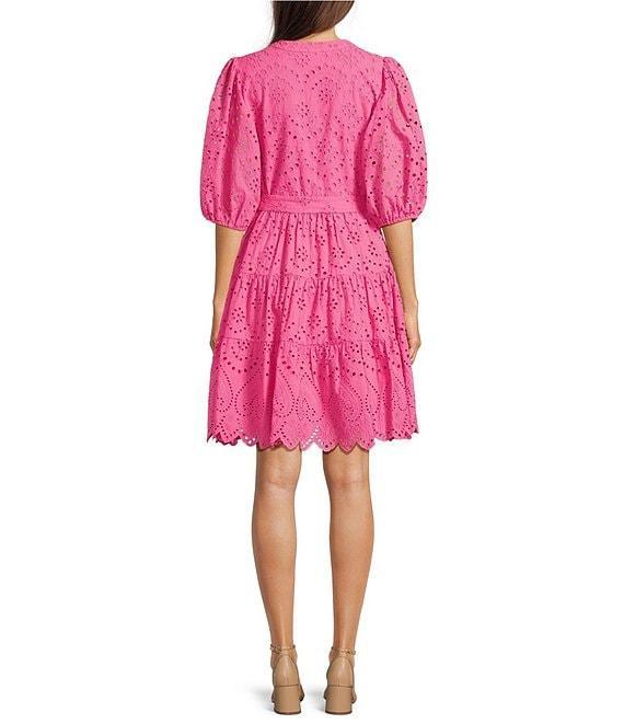 Gibson & Latimer Eyelet Split Round Neck Elbow Puff Sleeve Button Down Belted Scallop Hem Pocketed A-Line Dress Product Image