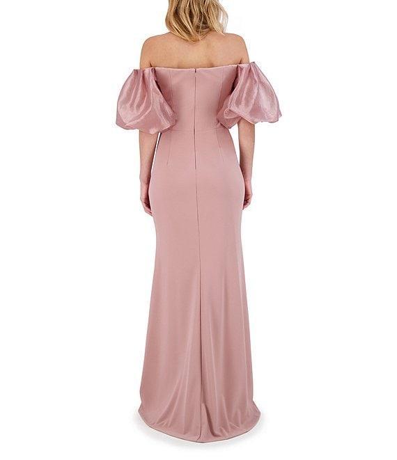 Eliza J Scuba Crepe Off-The-Shoulder Neck Organza Short Puff Sleeve Gown Product Image