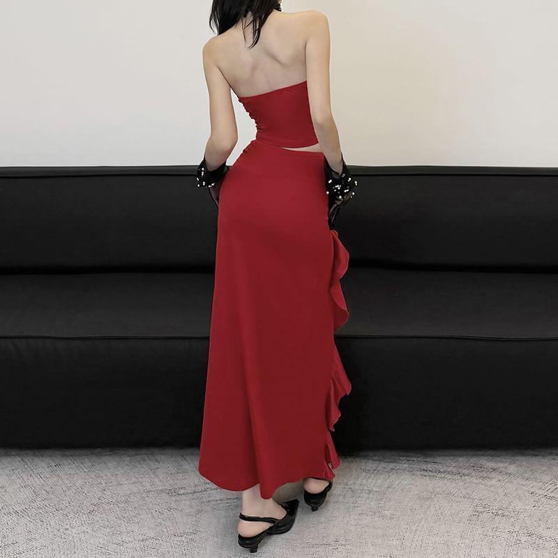 Set: Plain Flower Detail Tube Top + High Waist Ruffle Slit Maxi Pencil Skirt Product Image