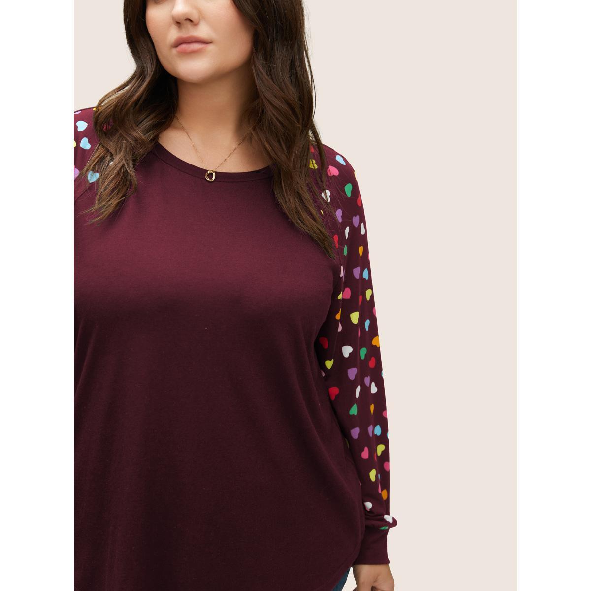 Plus Size Colour Heart Print Raglan Sleeve T-shirt Burgundy Women Elegant Non Heart Print Round Neck Everyday T-shirts BloomChic 12/L Product Image