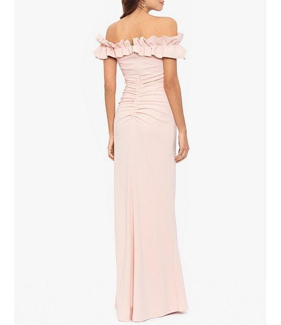 Xscape Stretch Ruffle Off-the-Shoulder Ruched Back Gown Product Image