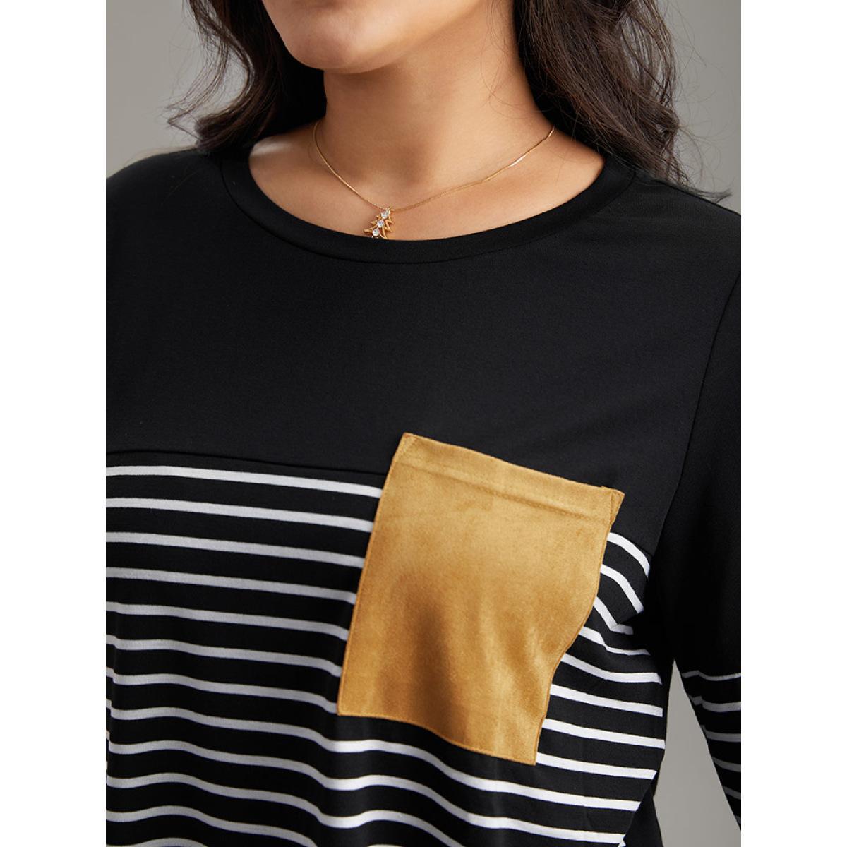 Plus Size Striped Contrast Patched Pocket Arc Hem T-shirt Black Women Casual Contrast Striped Round Neck Dailywear T-shirts BloomChic 22-24/3X Product Image