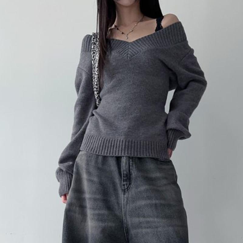 Off-Shoulder Plain Sweater Product Image