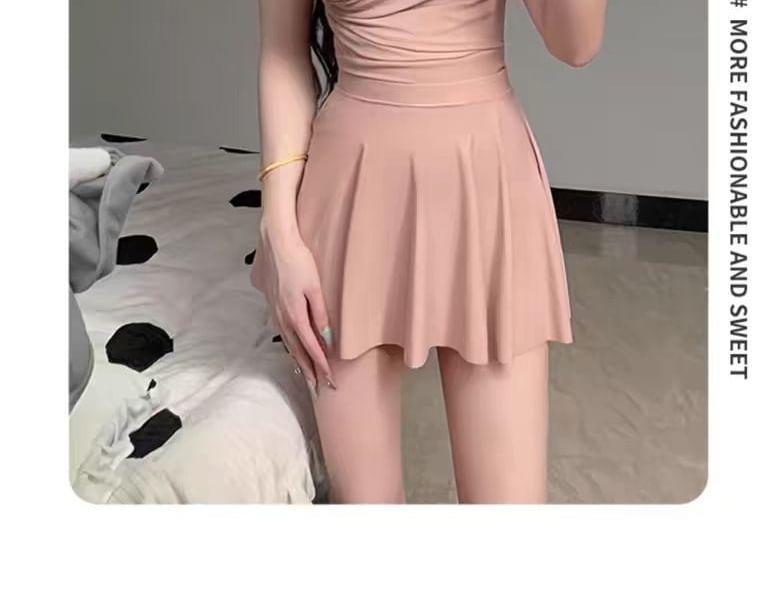 Cap-Sleeve Plain Ruched Swim Dress Product Image