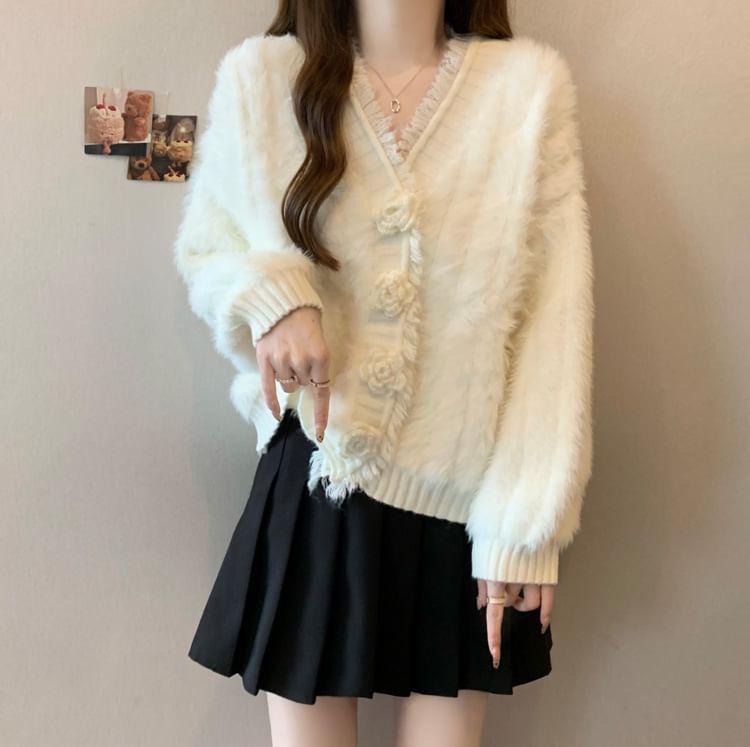 V-Neck Plain Floral Accent Fluffy Fringed Cardigan Product Image