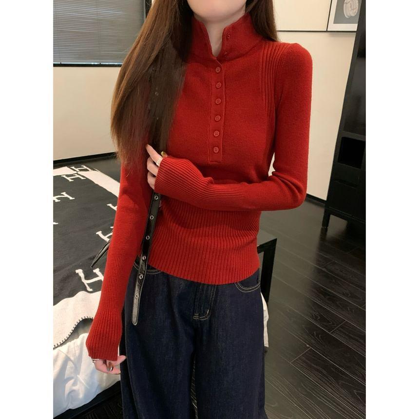 Long Sleeve Plain Ribbed Knit Polo Top Product Image