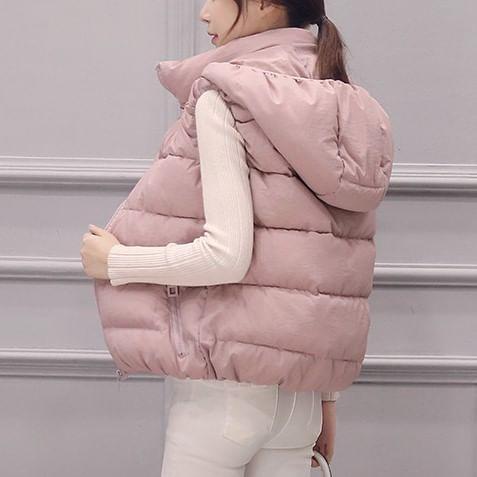 Stand Collar Plain Hooded Padded Zip Vest Product Image