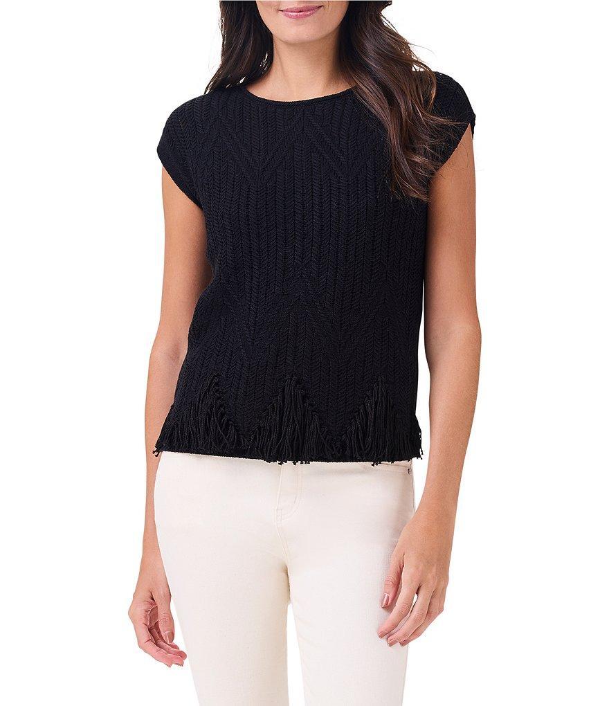 NIC + ZOE Textured Swing Knit Geometric Pattern Round Neck Cap Sleeve Fringe Top Product Image