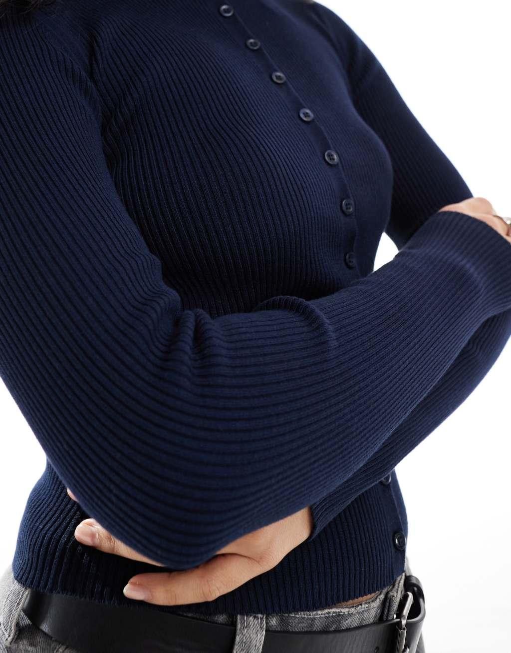 Stradivarius fitted ribbed cardigan in navy Product Image