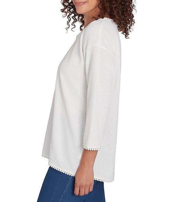 Ruby Rd. Jacquard Knit Lace Edge Detail Scoop Neck 3/4 Sleeve Top Product Image