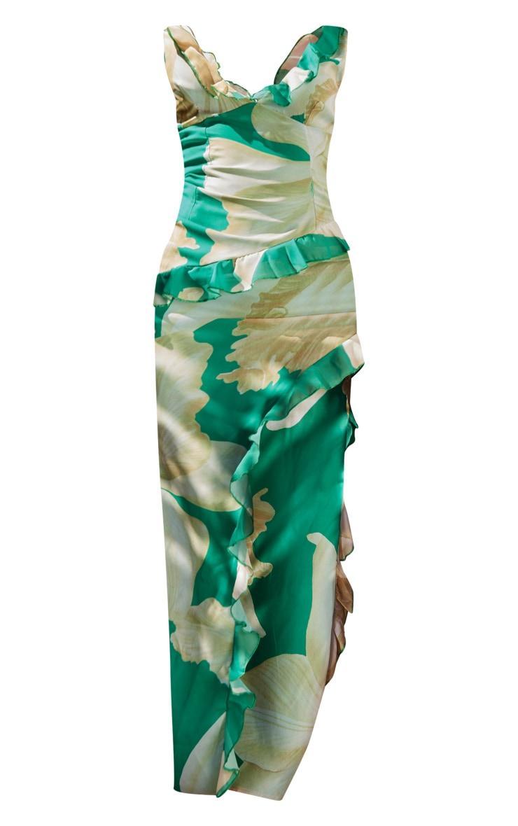 Green Floral Asymmetric Frill Split Maxi Dress Product Image