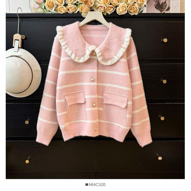 Peter Pan-Collar Striped Cardigan with Pocket Product Image