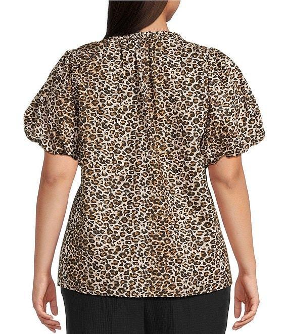 Skies Are Blue Plus Size Leopard Print Poplin Puff Sleeve Top Product Image