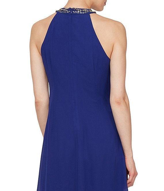 Ignite Evenings Beaded Braid Sleeveless Halter Neck Chiffon Ruffle Front Dress Product Image