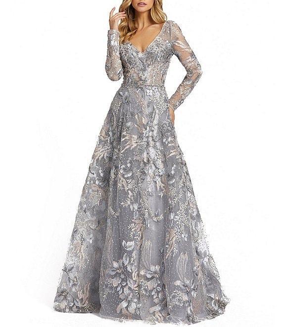 Mac Duggal Beaded Sheer Long Sleeve V-Neck Illusion Ball Gown Product Image