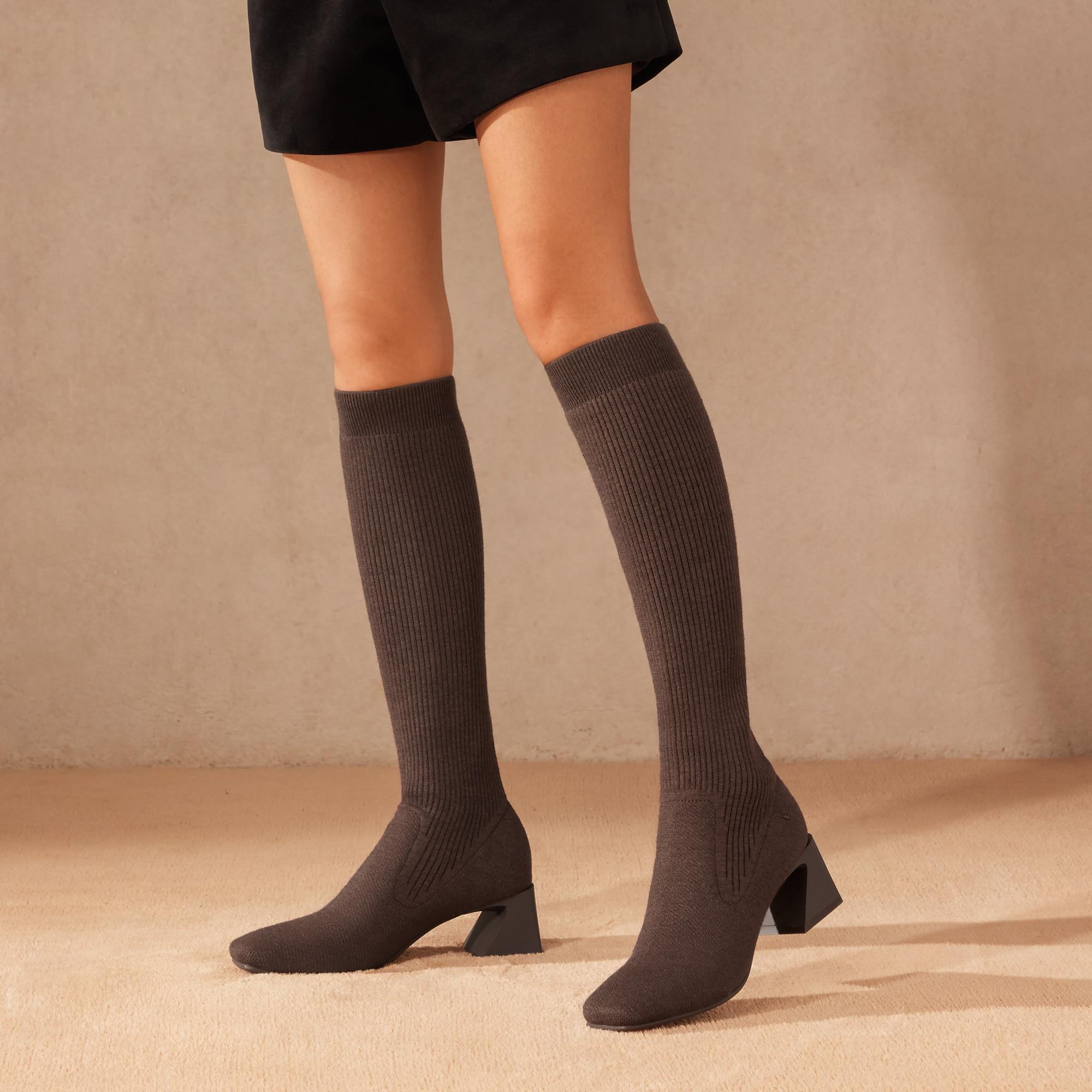 Square-Toe Water-Repellent Wool Knee High Boots (Rebecca Pro） Product Image