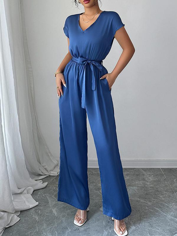 High Waisted Loose Backless Pleated Pockets Solid Color Tied Waist V-Neck Jumpsuits Product Image
