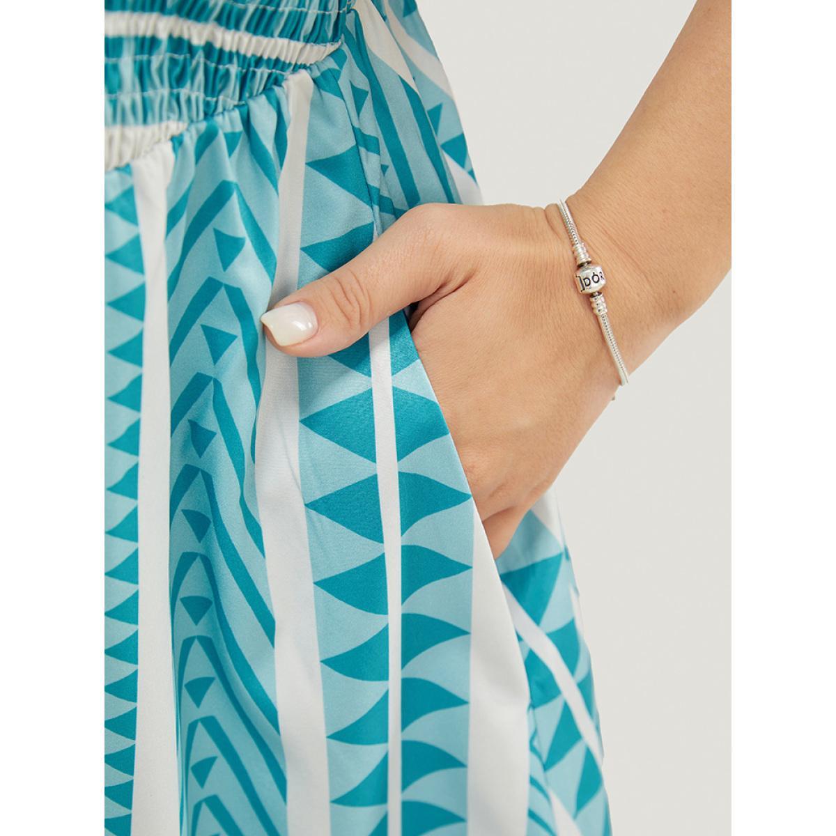 Plus Size Striped Contrast Square Neck Pocket Ruffles Shirred Cami Dress LightBlue Women Vacation Square Neck Cap Sleeve Curvy Midi Dress BloomChic 12/L Product Image