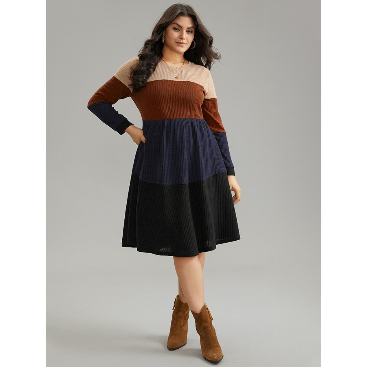 Plus Size Colorblock Rib Knit Pocket Patchwork Dress DarkBlue Women Casual Rib Knit Round Neck Long Sleeve Curvy Knee Dress BloomChic 14-16/1X Product Image