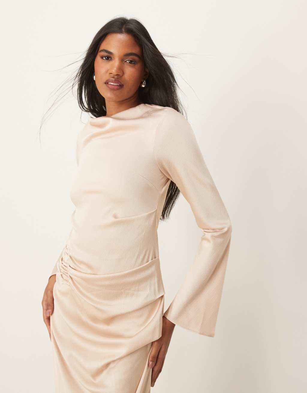 ASOS DESIGN long sleeve satin maxi dress with ruched tab detail in oyster Product Image