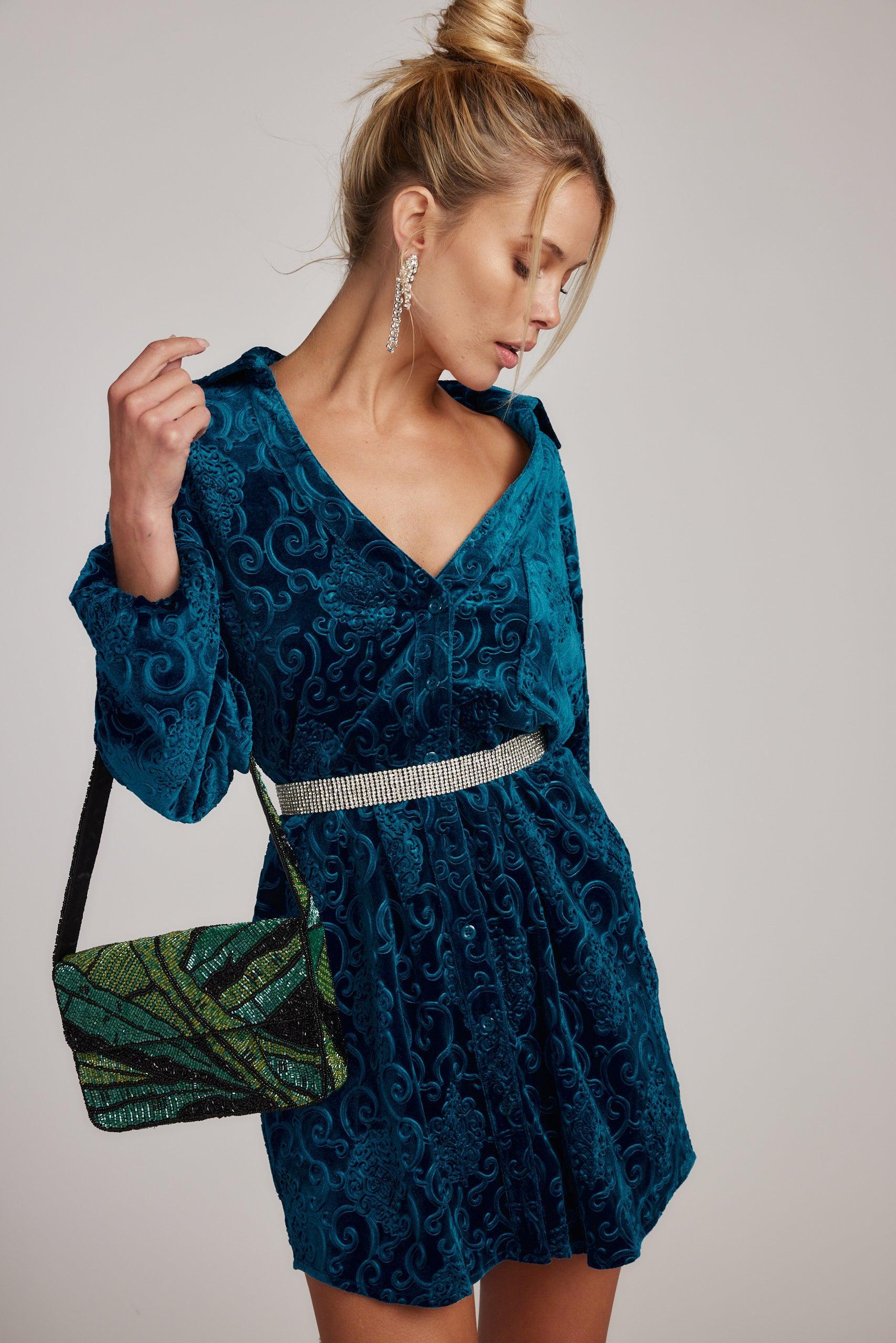 Kali Blue Long Sleeve Velvet Dress Product Image