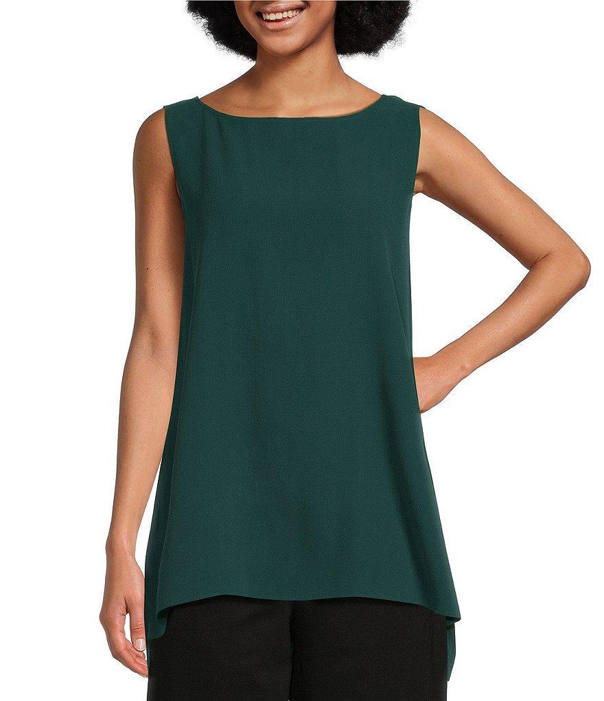 Eileen Fisher Silk Georgette Crepe Boat Neck Sleeveless Long Shell Product Image