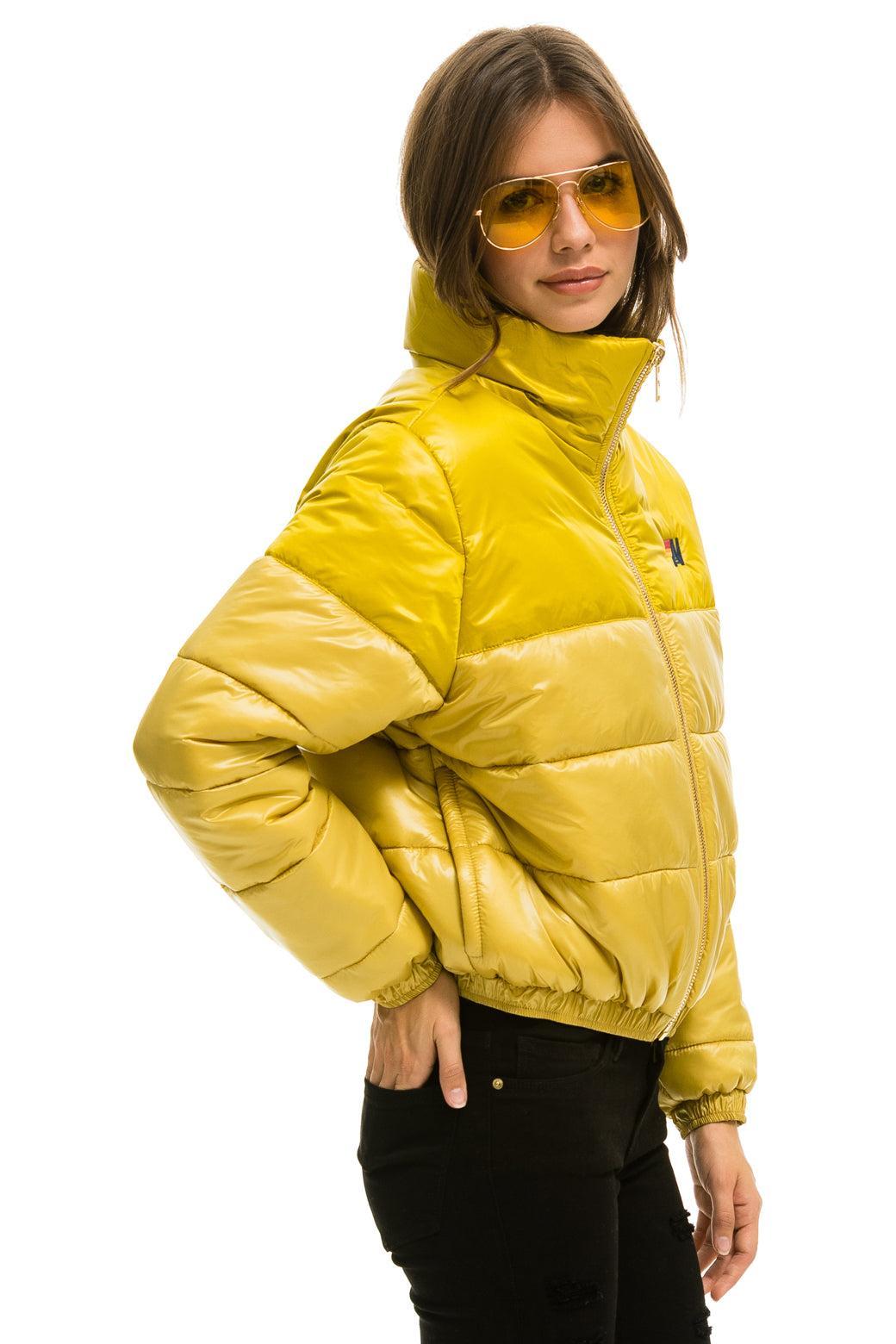 COLOR BLOCK HALF AND HALF APRES PUFFER JACKET - HONEY GLOSSY Female Product Image