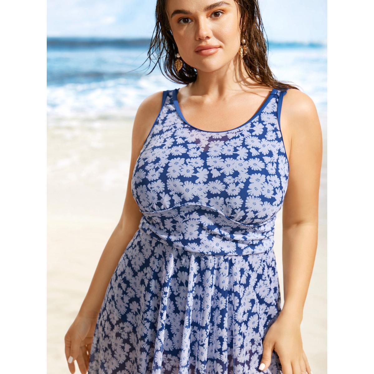 Plus Size Floral U Neck See Through Patchwork Swim Dress Women's Swimwear Navy Beach Bodycon U-neck High stretch Curve Swim Dresses BloomChic 26/4X Product Image