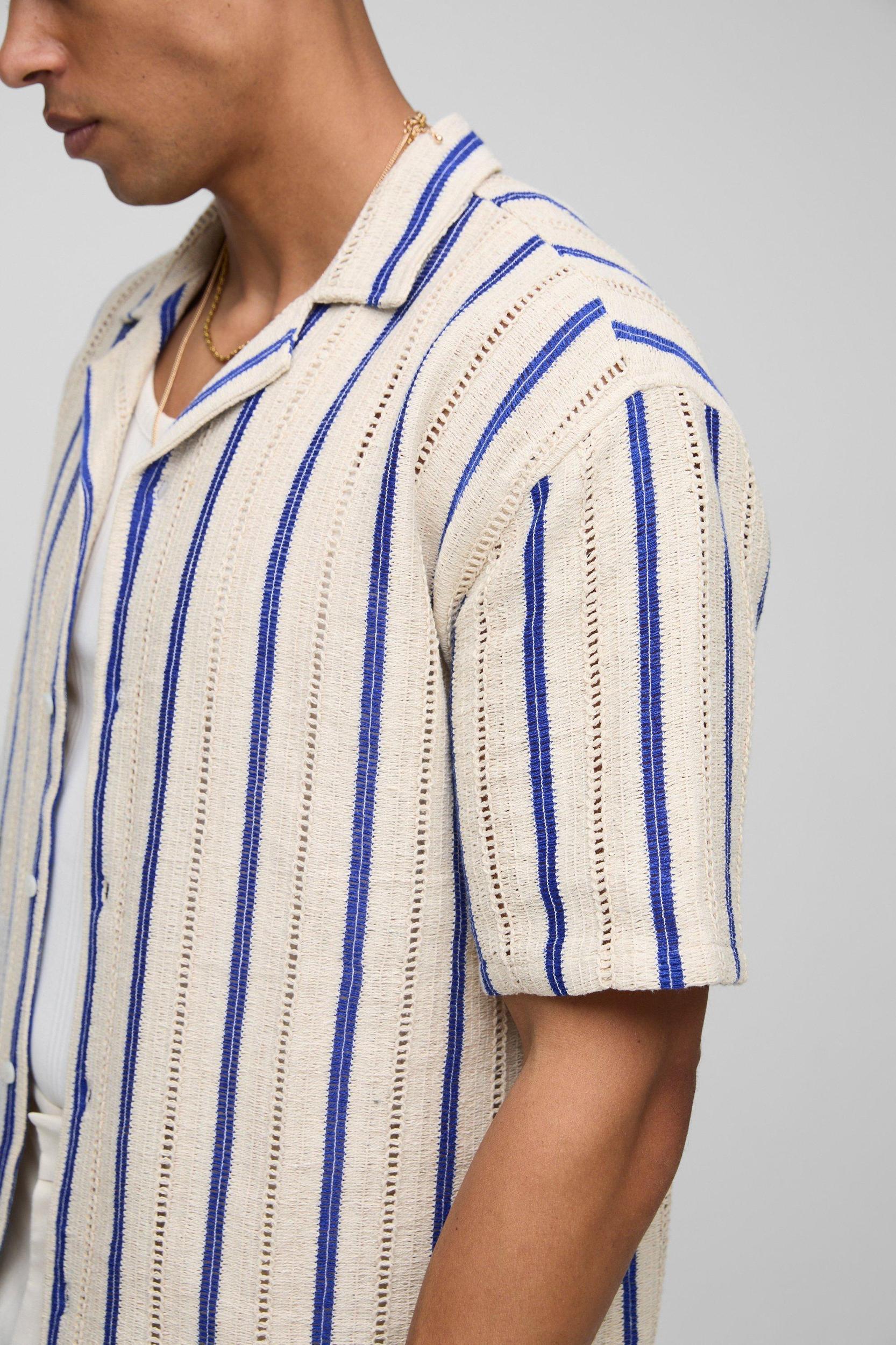 Oversized Open Weave Stripe Shirt | boohooMAN USA Product Image