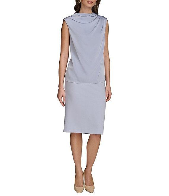Donna Karan Charmeuse Ruched Mock Neck Pleated Shoulder Sleeveless Top Product Image