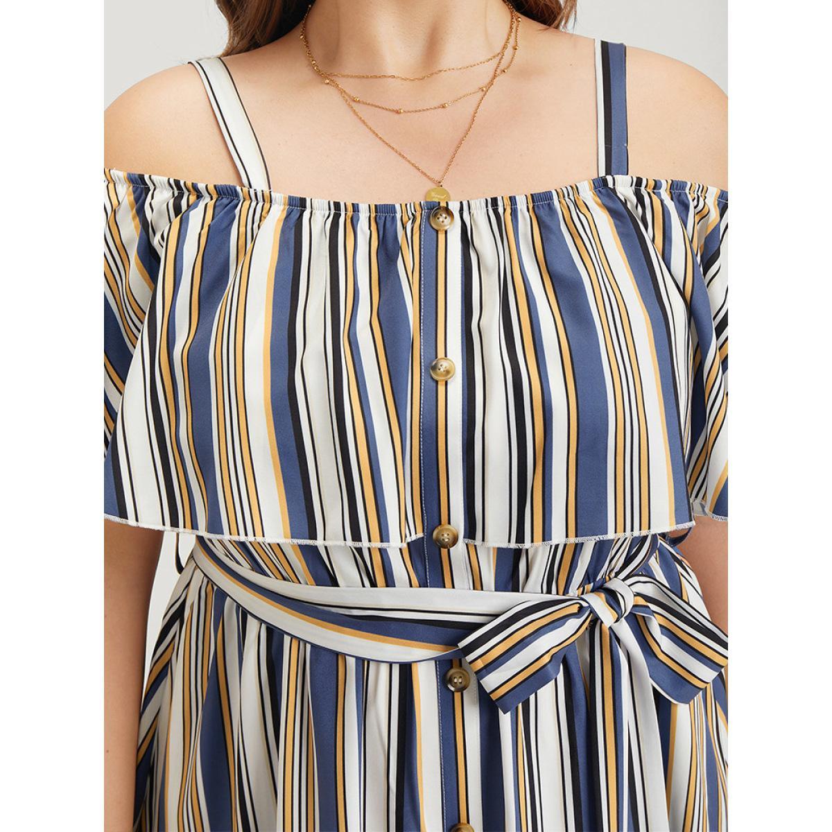 Plus Size Striped Cold Shoulder Belt Pocket Button Detail Dress Blue Women Vacation Adjustable Straps Spaghetti Strap Short sleeve Curvy Knee Dress BloomChic 18-20/2X Product Image