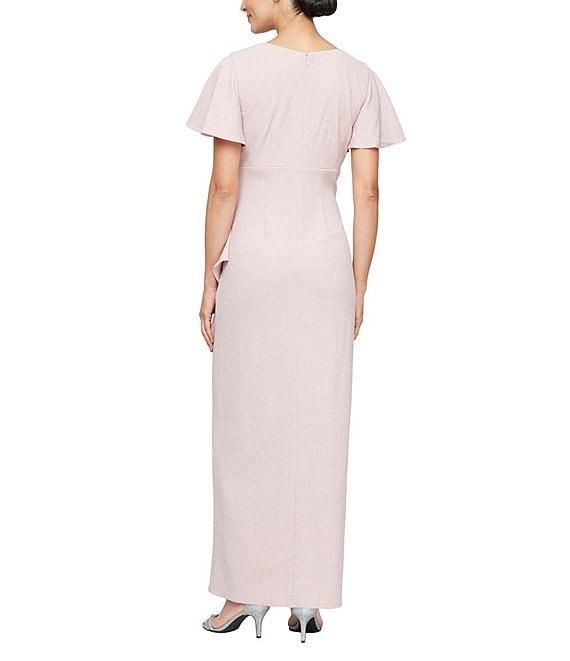 Ignite Evenings Petite Size Short Flutter Sleeve V-Neck Glitter Knit Gown Product Image