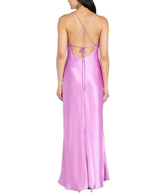 Morgan & Co. Sleeveless Long Spaghetti Strap Charmeuse Draped Front And X Back Long Dress Product Image