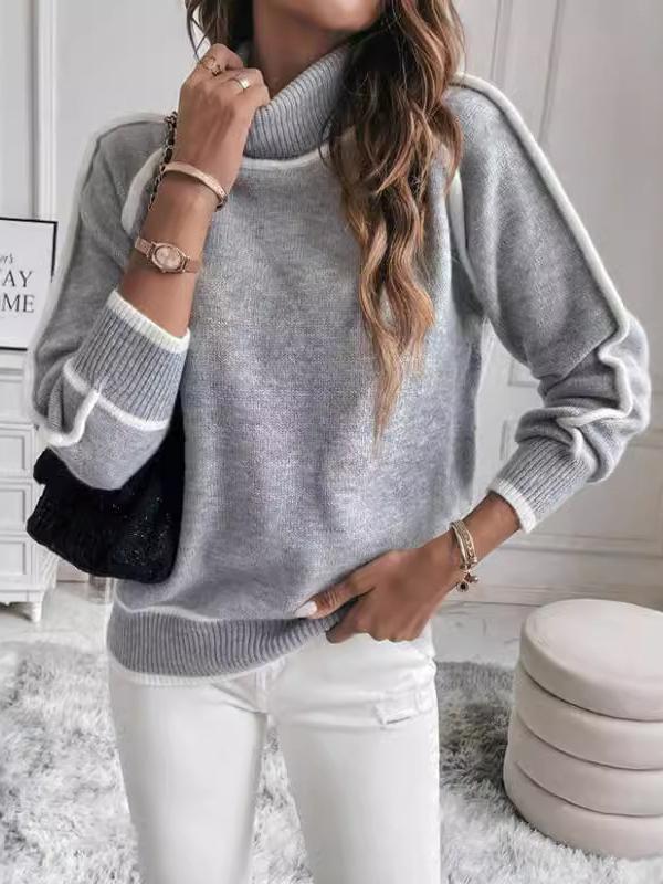 Long Sleeves Loose Contrast Color Split-Joint High Neck Sweater Tops Product Image