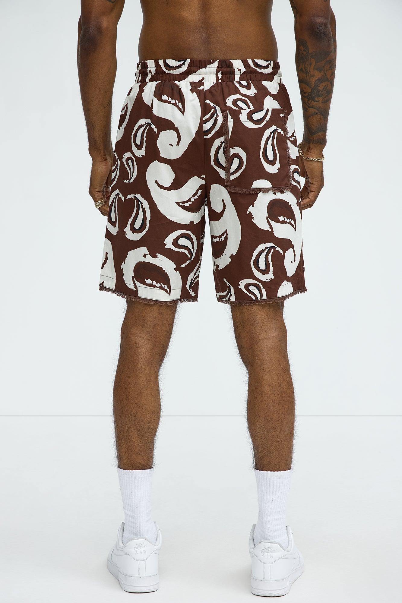 Paisley Print Frayed Shorts - Brown/combo Product Image