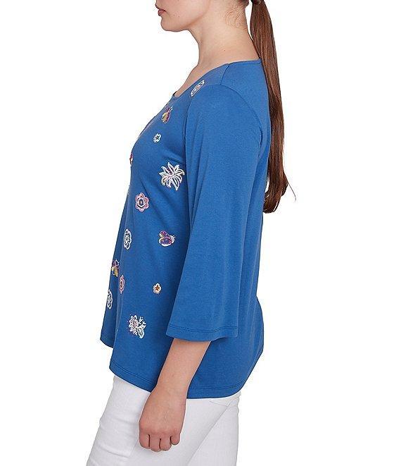 Ruby Rd. Petite Size Embroidered Knit Square Neck 3/4 Sleeve Top Product Image