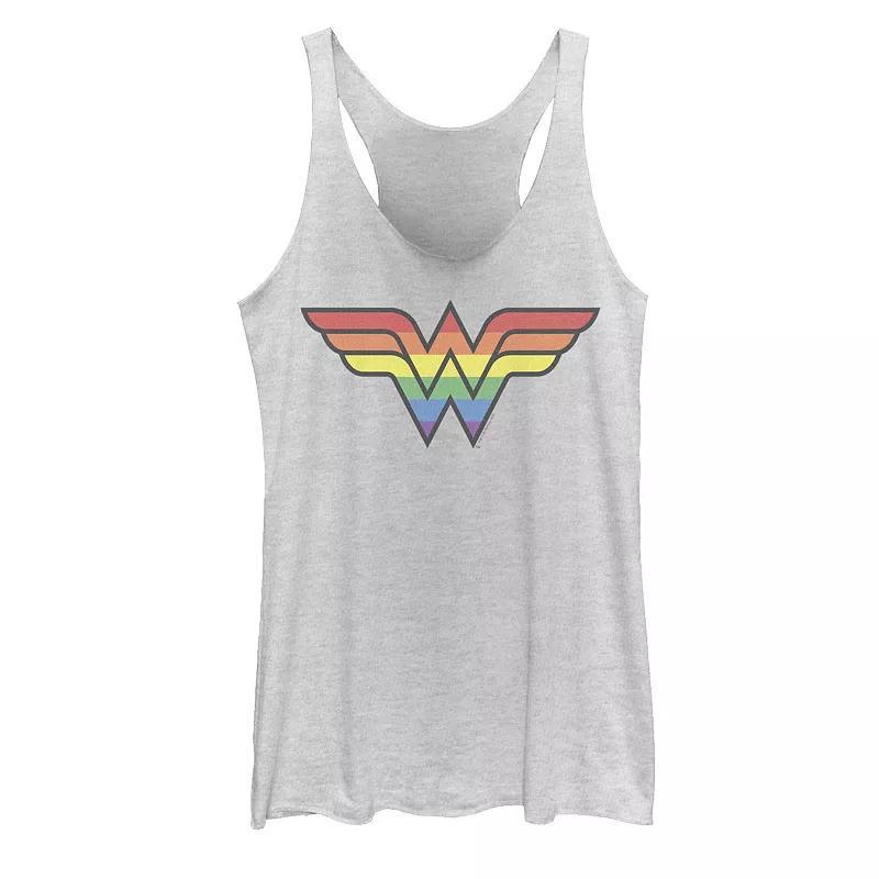 Juniors Wonder Woman Rainbow Striped Logo Tank Top, Girls White Grey Product Image