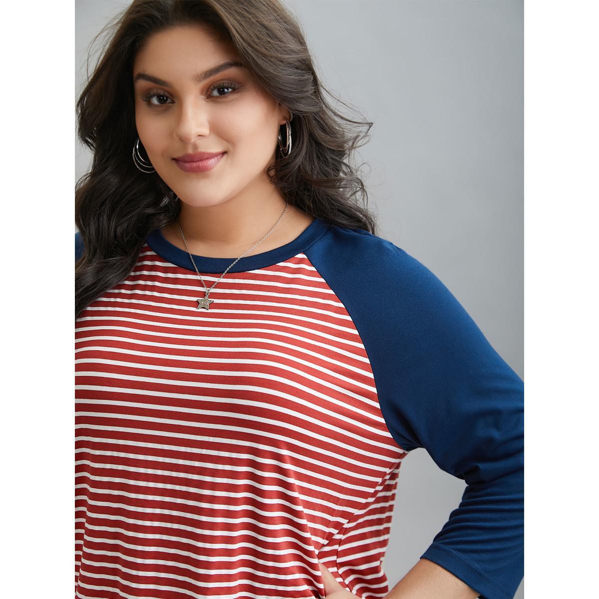 Plus Size Color-Block Striped Raglan Sleeve T-Shirt Multicolor Women Casual Contrast Round Neck Everyday T-shirts BloomChic 10/M Product Image