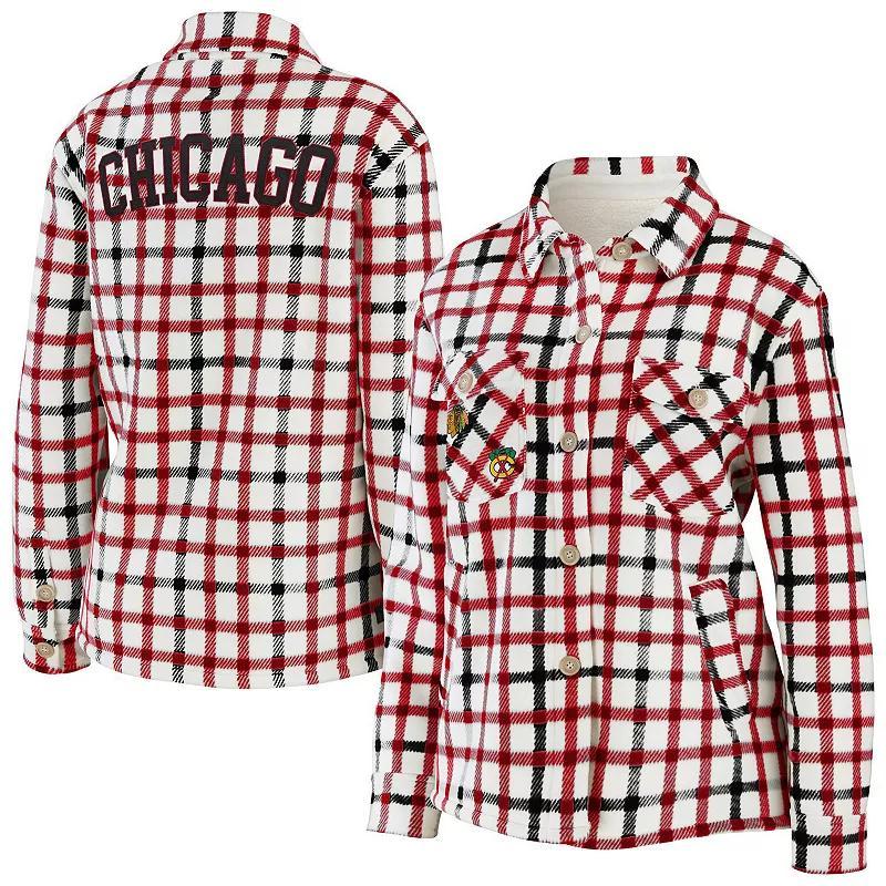 Women's WEAR by Erin Andrews Oatmeal Chicago Blackhawks Plaid Button-Up Shirt Jacket, Size: 2XL, Team Product Image