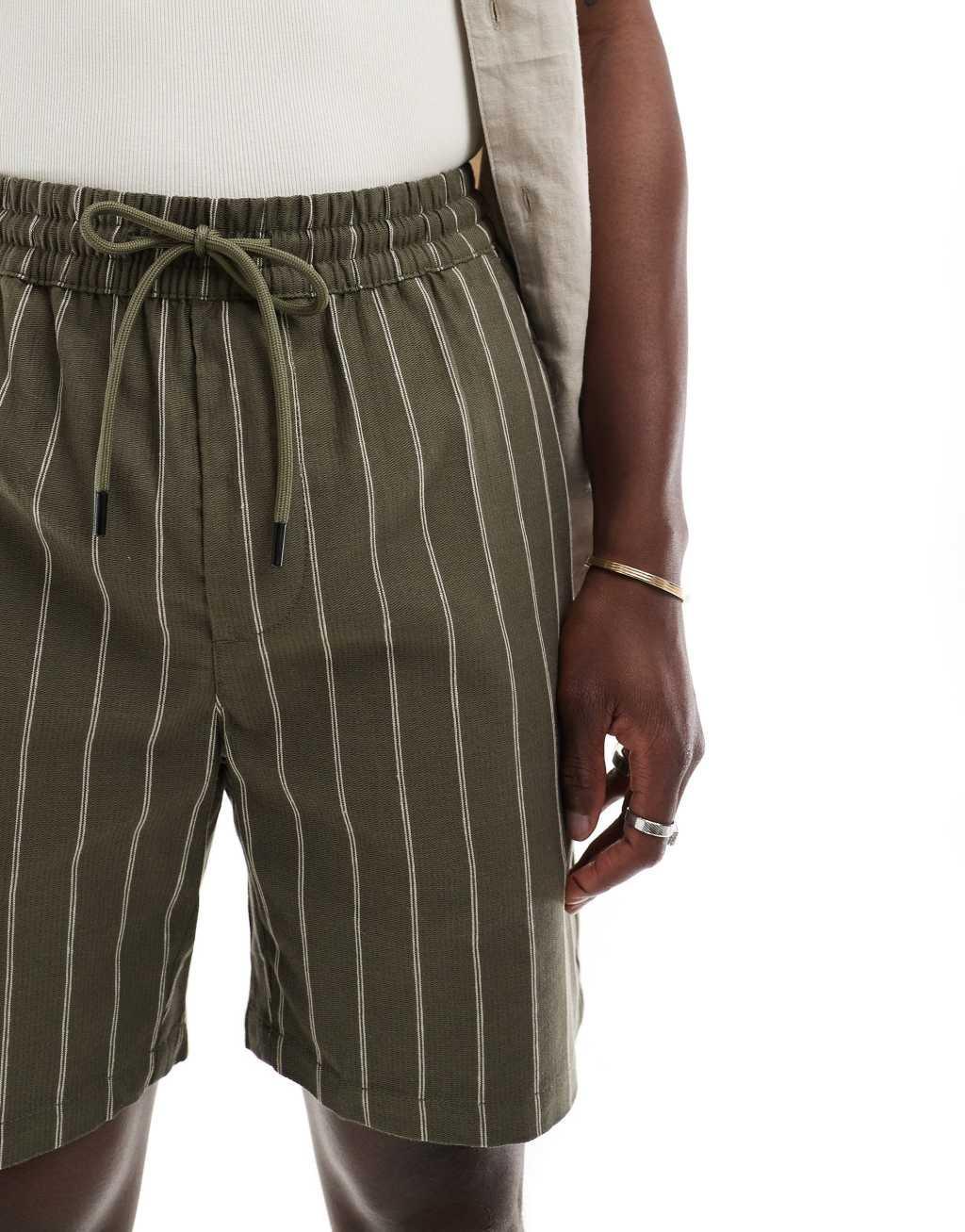 ONLY & SONS pull on linen mix shorts in olive stripe Product Image