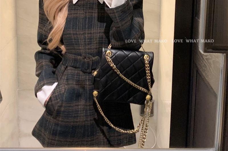 Long-Sleeve Collared Mock Two-Piece Plaid Belted Mini A-Line Dress Product Image